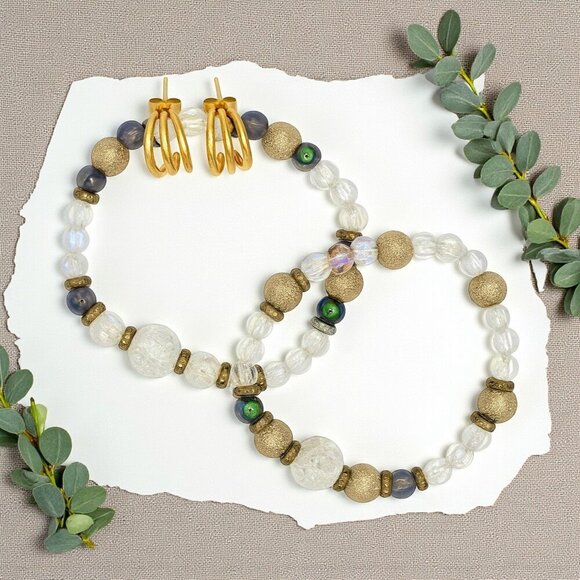 ๐๏ธHandmade Crystal Beaded Bracelet Set & 18K Gold Plated C-Hoop Earrings Summer - Picture 8 of 13